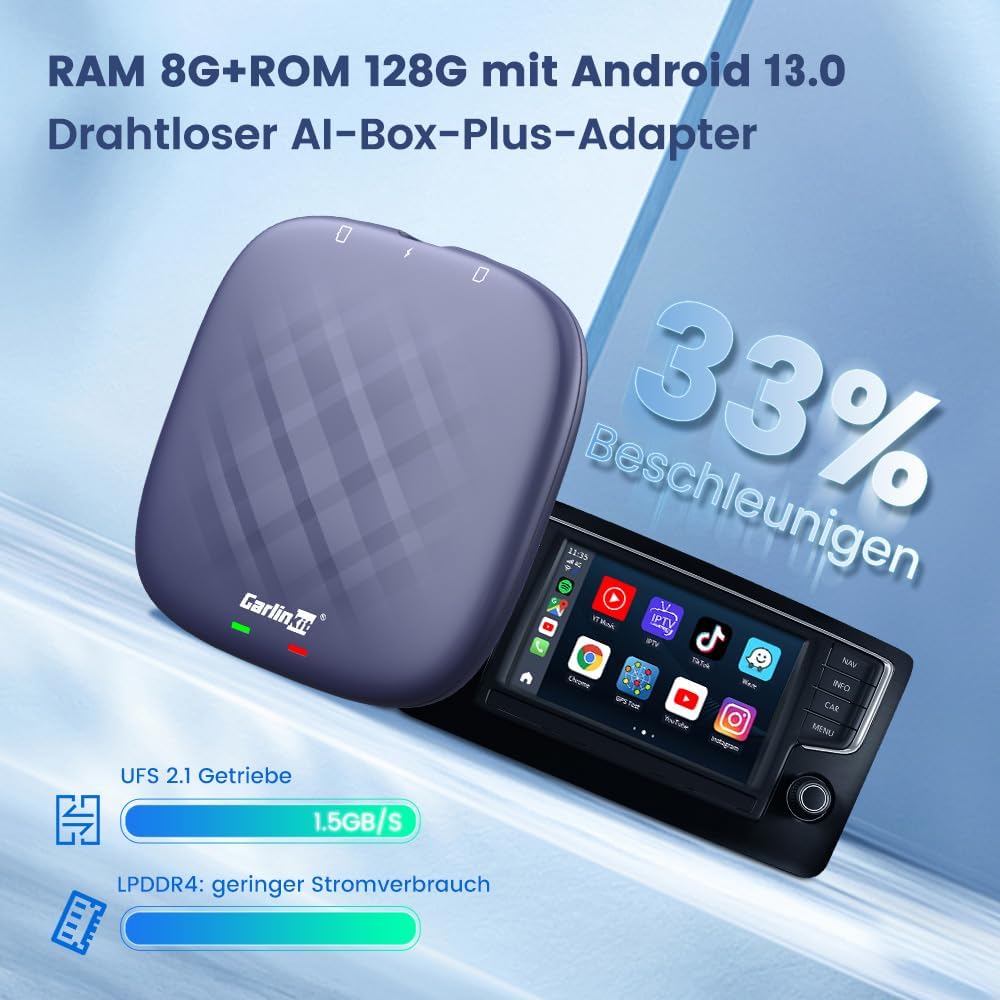 CarlinKit 2026 Wireless Carplay/Android Auto AIBox-Plus Adapter mit eingebautem RAM 8G + ROM 128G Sy