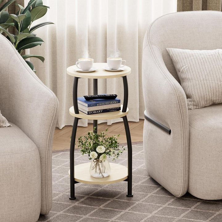 Beistelltisch rund, Kleiner Runder Tisch 3 Ebenen, Couchtisch klein mit Aufbewahrung, Nachttisch, Ka