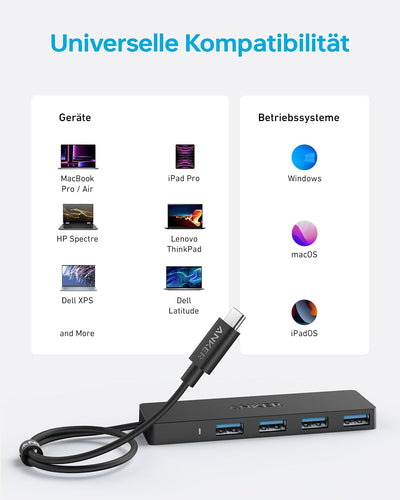 Anker USB-C Hub, 4 Port USB 3.0 Datenhub mit 5 Gbit/s Datenübertragung, 60cm Erweiterungskabel (ohne