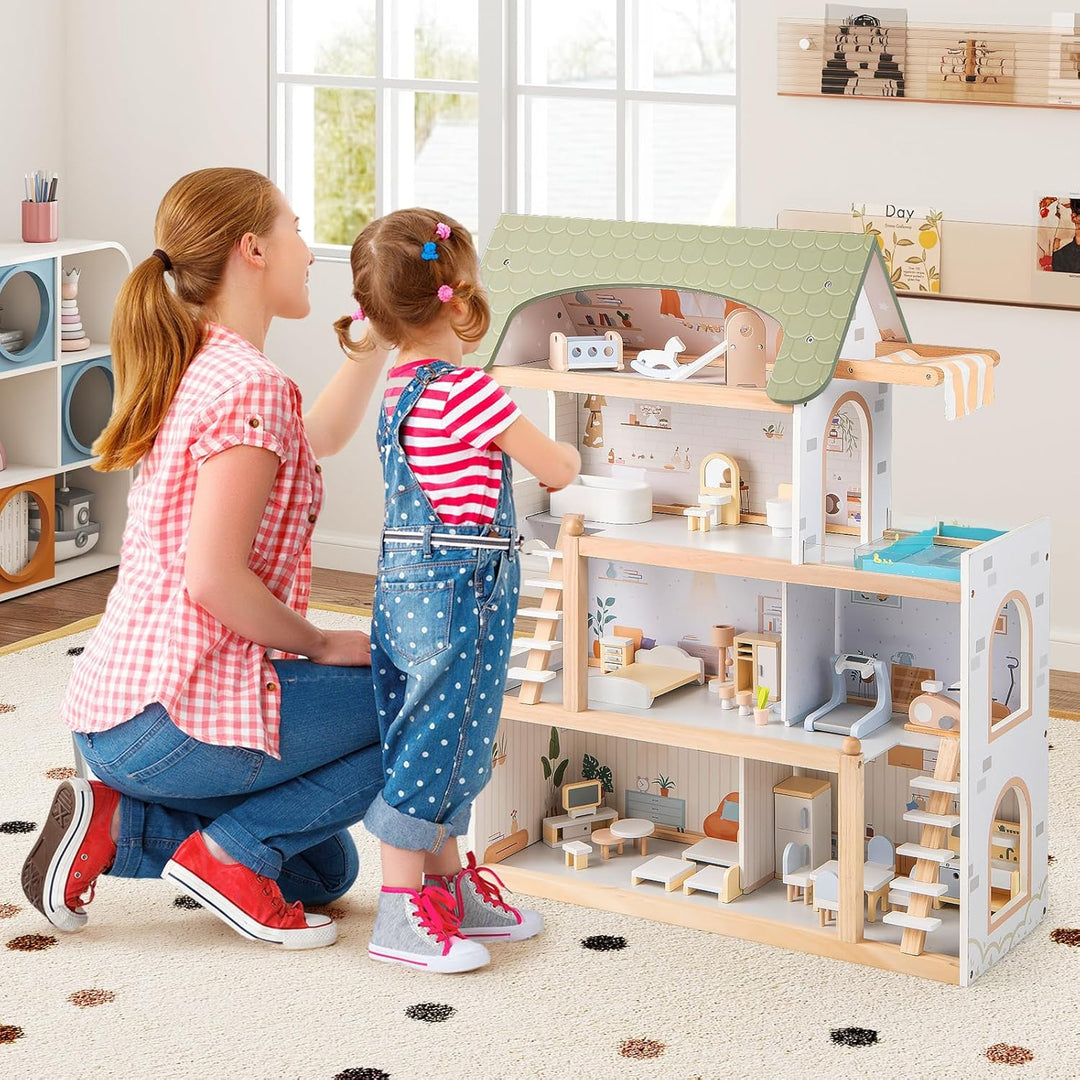 COSTWAY Puppenhaus Holz, Kinder Dollhouse mit 33 Möbelstücken, Puppenstube mit Balkon & Pool, Puppen