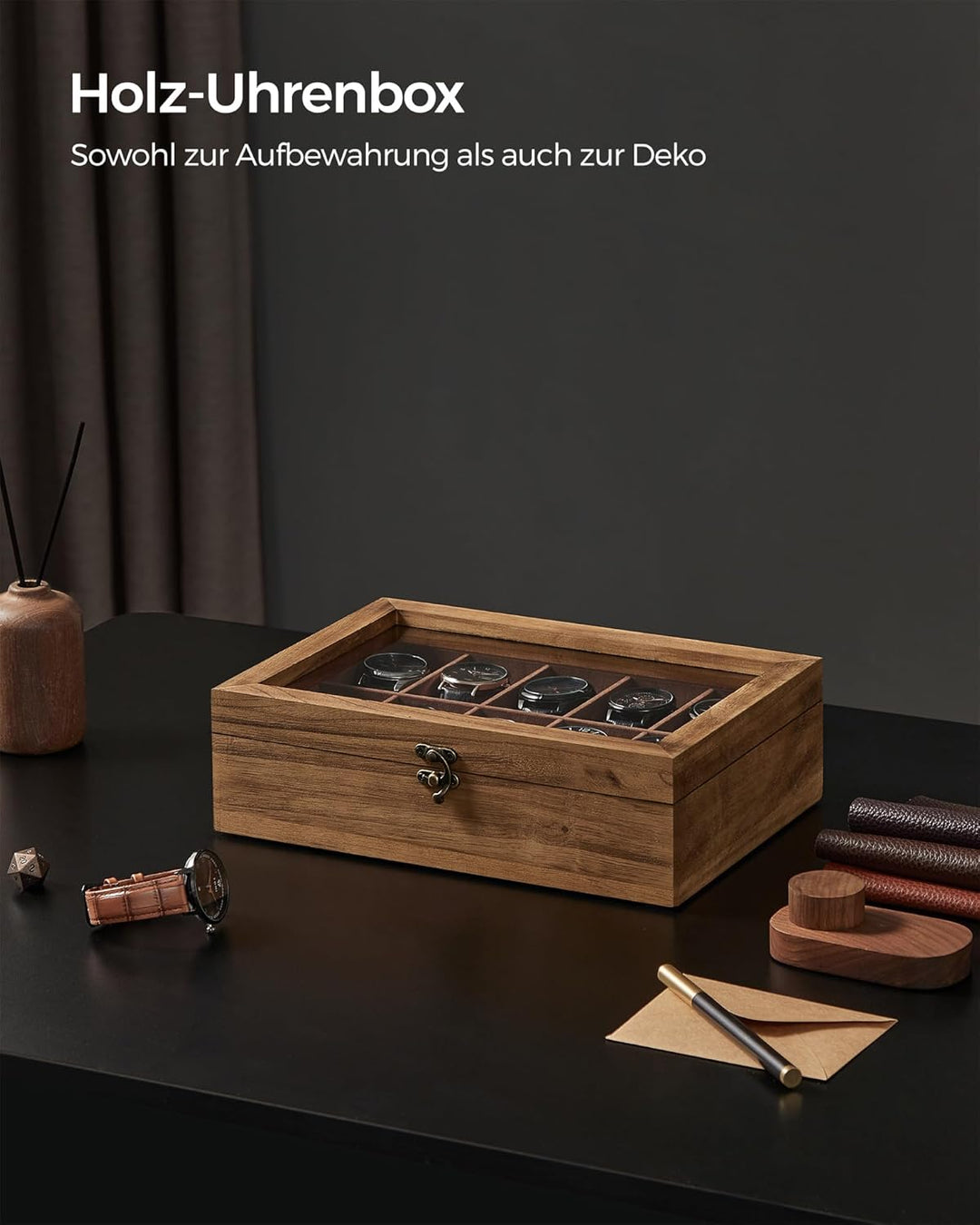 SONGMICS Uhrenbox mit 10 Fächern, Uhrenkasten aus Massivholz, mit Glasdeckel, Uhrenkissen, Geschenk