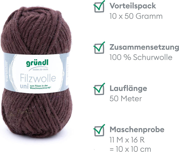 Gründl Filzwolle uni (Wolle zum Filzen, Stricken und Häkeln, Garn aus 100 % Schurwolle, 50 g / 50 m,