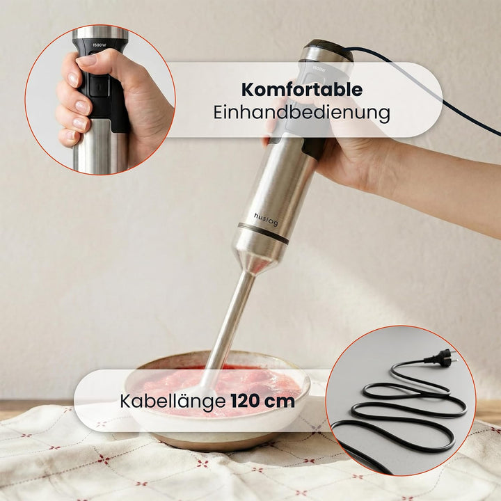 BlendPlus Stabmixer 3in1 – 1500W Hochleistungsmixer mit Edelstahlklingen, Zerkleinerer, Schneebesen