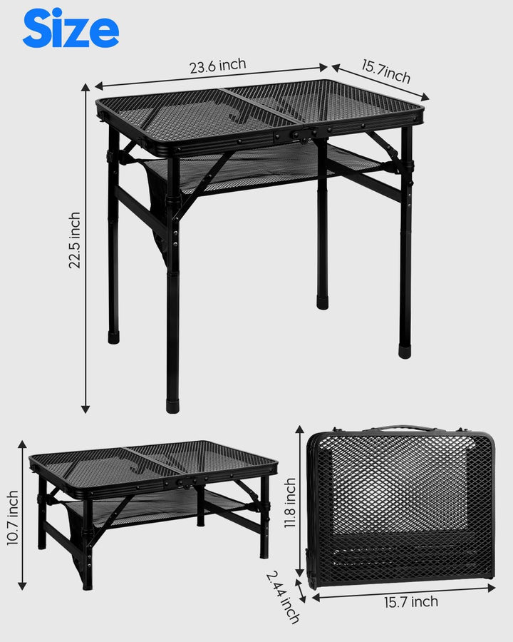 MSDADA Klappbarer Grilltisch, Höhenverstellbarer Aluminiumtisch mit Netz-Desktop und Netztasche, Tra