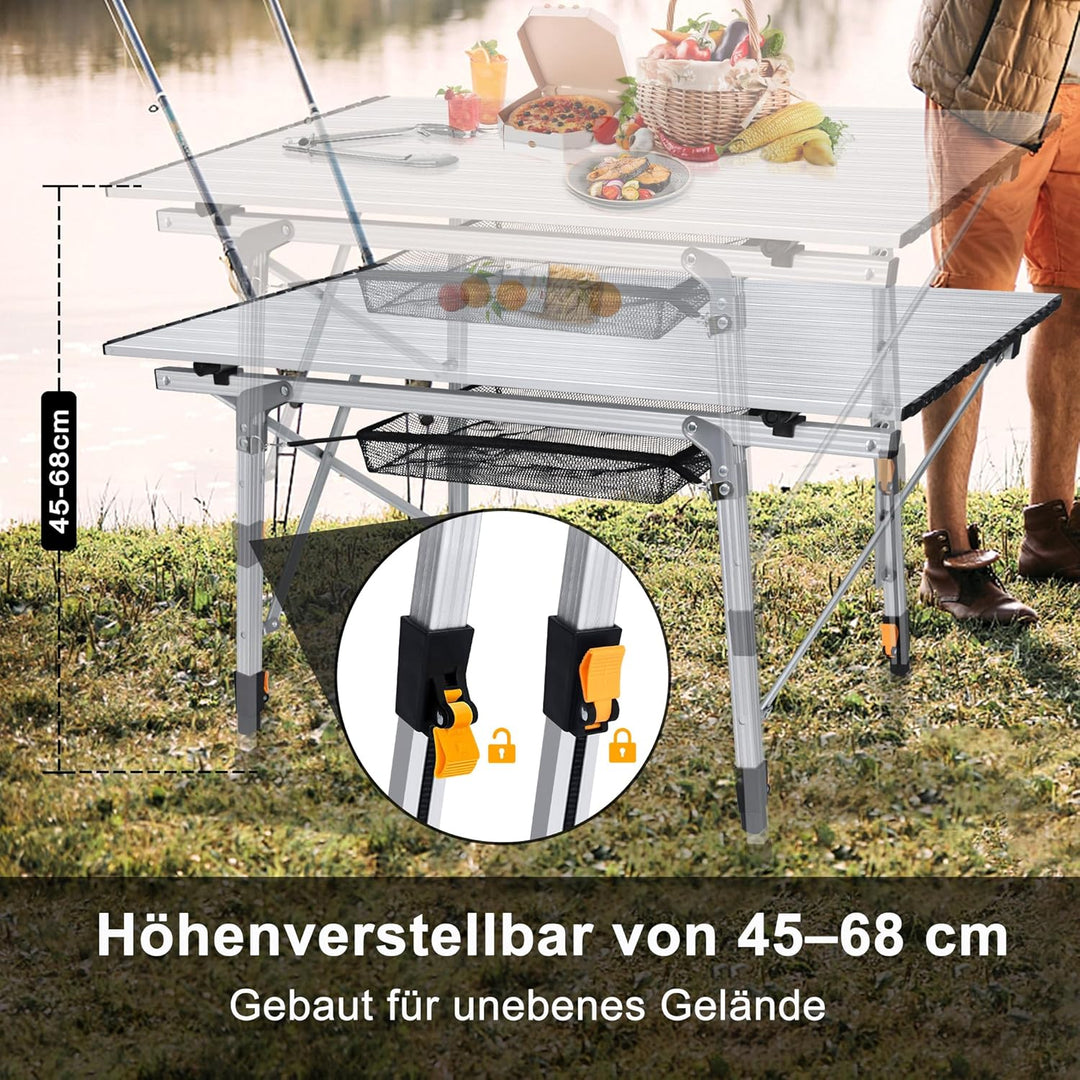 Klappbarer Campingtisch Aluminium 90x51,5cm, Höhenverstellbar Klapptisch mit Tragetasche & Netzfach,