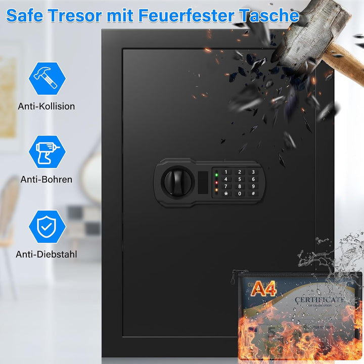 65L Grosser Feuerfester Tresor Safe mit Feuersichere Dokumententasche, Digitaler Möbeltresore mit 2
