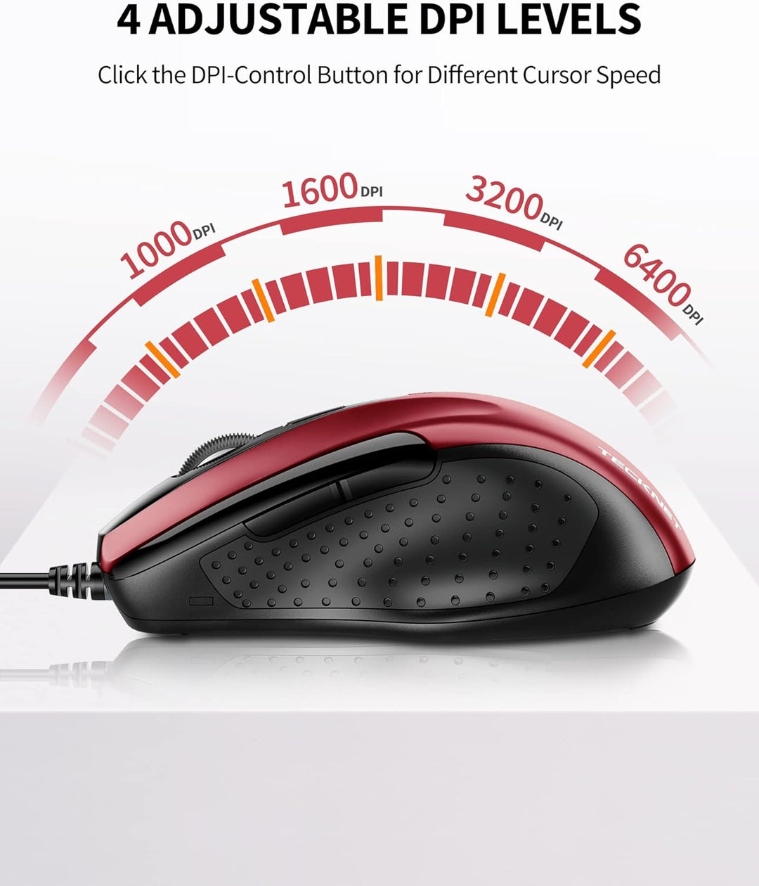 TECKNET Maus mit Kabel, Computermaus mit 6 Tasten, 6400 DPI, Ergonomisches Optical Business Kabelgeb