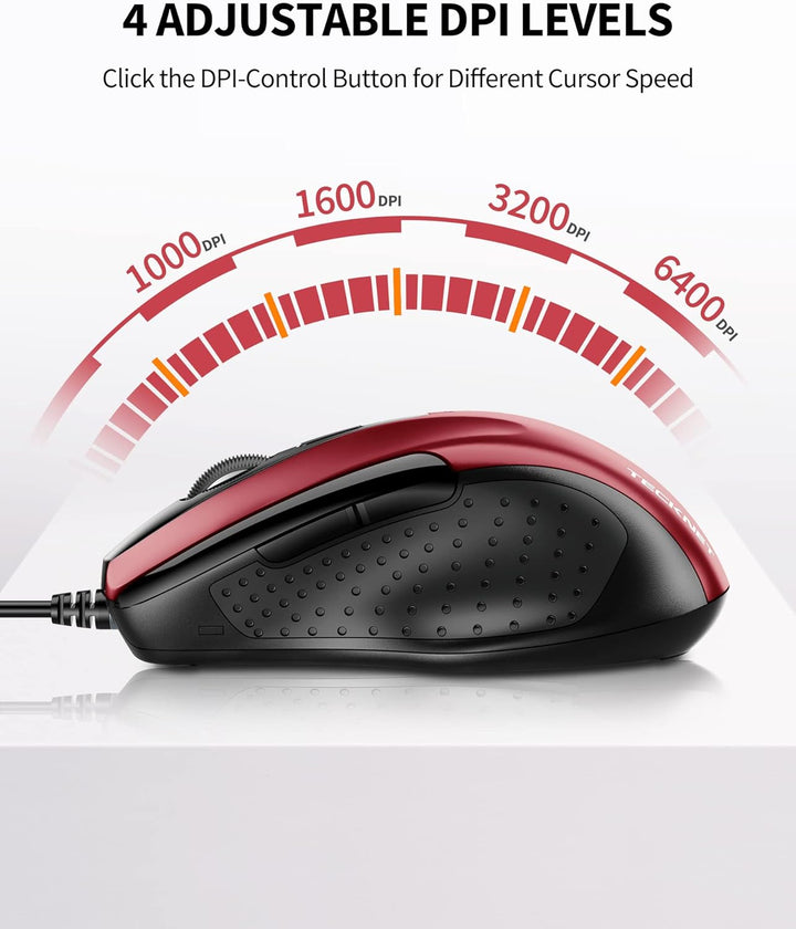 TECKNET Maus mit Kabel, Computermaus mit 6 Tasten, 6400 DPI, Ergonomisches Optical Business Kabelgeb