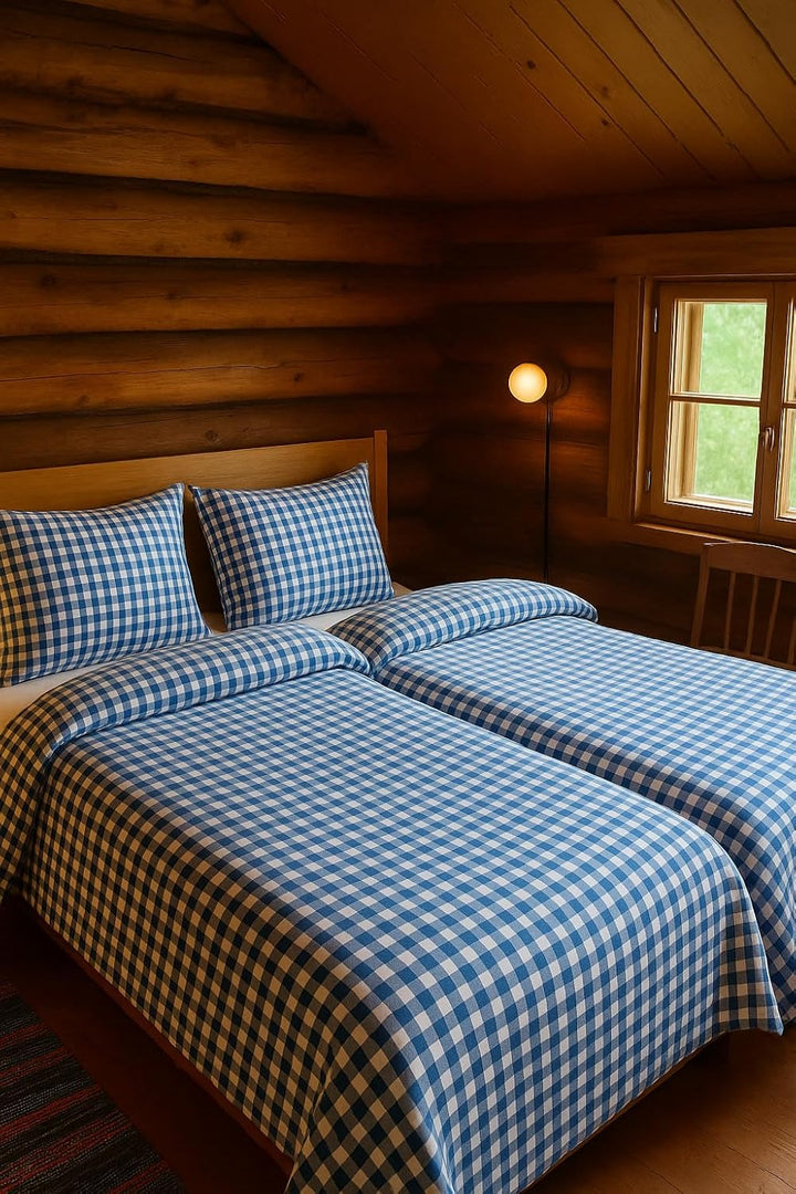 texpot Bettwäsche 155x220 + 80x80 Landhaus Karo blau kariert Baumwolle