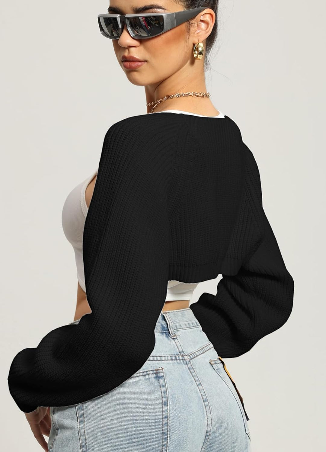 Navneet Bolero Damen Boleros Kurz Oversize Strickpullover Y2K Crop Top Shrug Winter Strickjacke Card