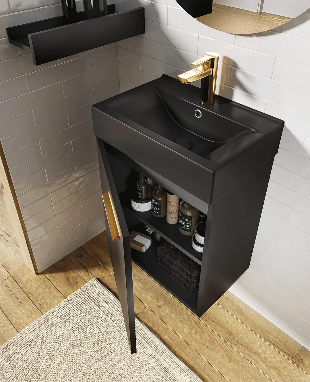 VBChome Badmöbel Set 45 cm Schwarz Matt Waschbecken mit Hängeschrank mit Armantur Schwarz Waschtisch