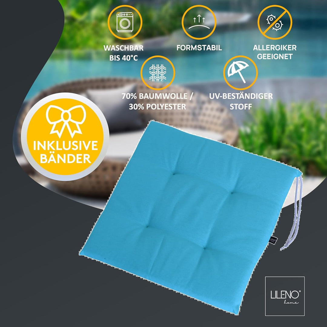LILENO HOME 6er Set Stuhlkissen Aqua (40x40x4,5 cm) - Sitzkissen für Gartenstuhl, Küche oder Esszimm