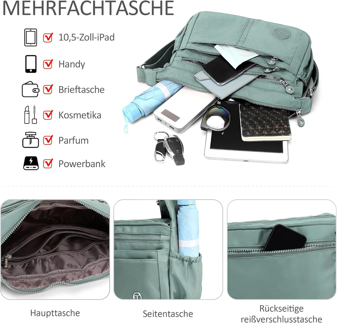 DIRRONA Beiläufig Damen Umhängetasche Multi Pocket Crossbody Bag Mittelgrosse Umhängetasche Aus Nylo