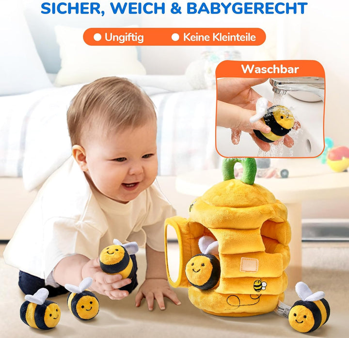 JoyCat Baby Spielzeug 6-12 Monate, Baby Bienenstock mit 5 Bienen Sensorik Spielzeug, Rassel, Spiegel