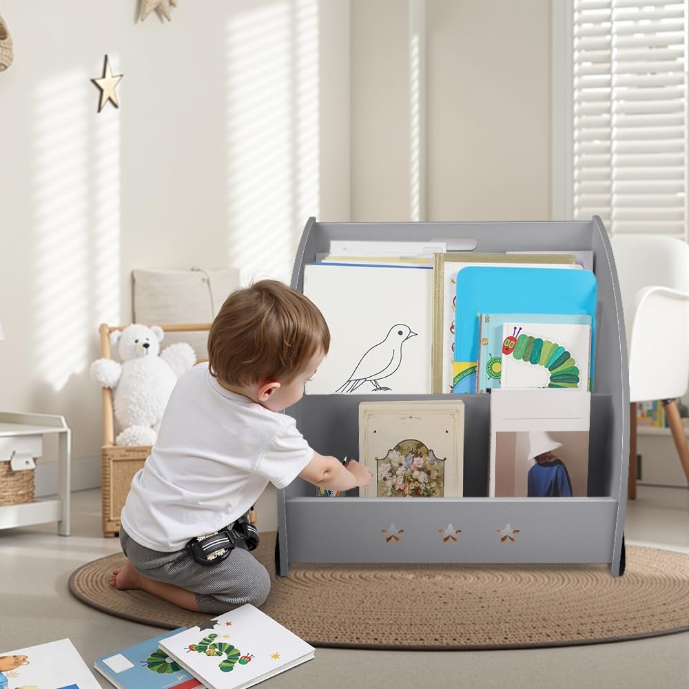 OHMG Bücherregal für Kinder, mit Rädern, Regal für Bücher und Spielzeug, Aufbewahrung mit 3 Fächern