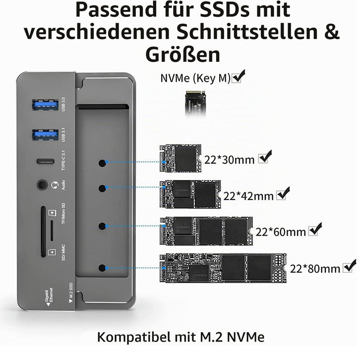 USB-C Hub mit Festplattengehäuse, 10 in 1 USB C Hub Adapter mit M.2 SSD externem Festplattengehäuse,