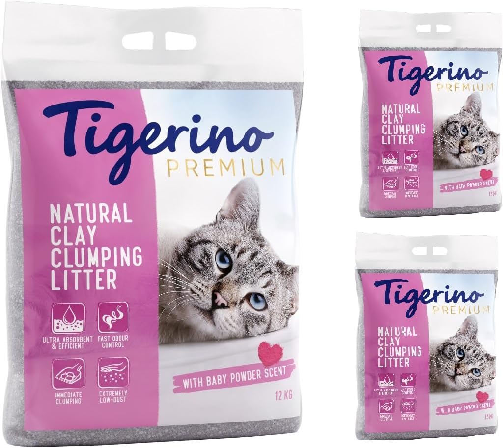 Tigerino Premium Katzenstreu | Babypuderduft | 3x12kg