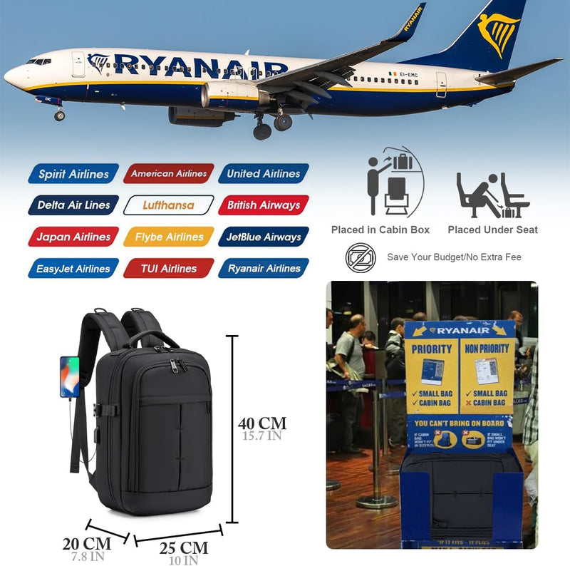 BAGZY Rucksack Handgepäck 40x20x25 Ryanair Reiserucksack Laptoptasche 15.6 Zoll Schule Kabinentasche