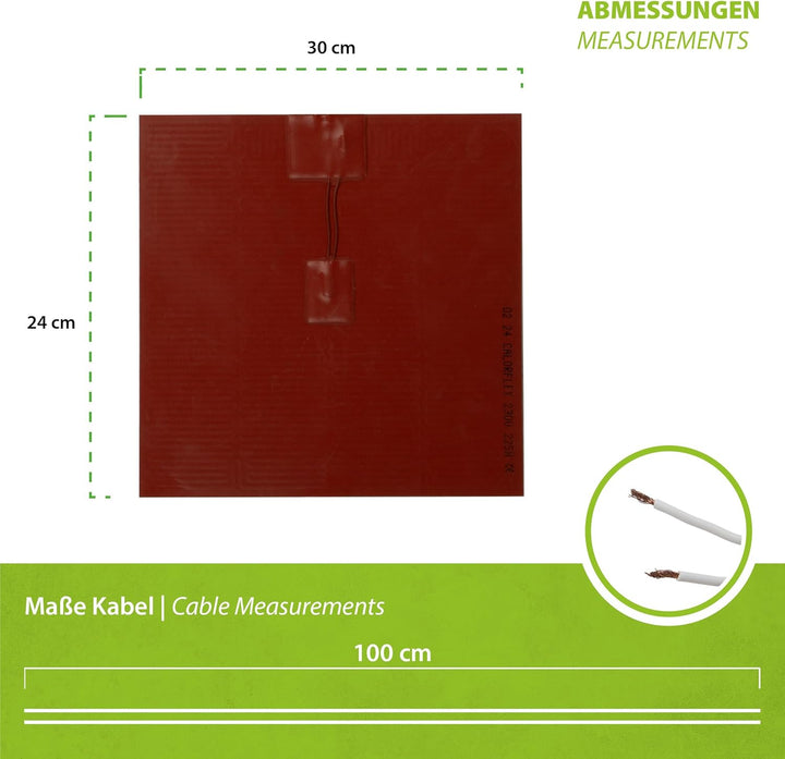 500 Watt Silikon Silicon Heizmatte Heizpad 30x24cm selbstklebend, mit Temperaturbegrenzer - Druckbet