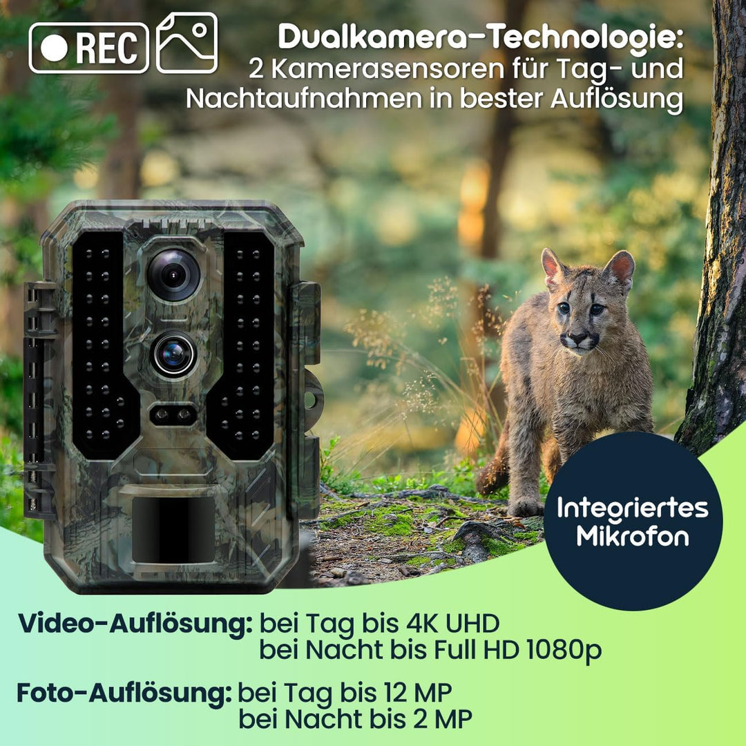 Profi 4K-Wildkamera mit IR-Nachtsicht-, Zeitraffer- & Timerfunktion, PIR Sensor, Dual Lens, Mikrofon