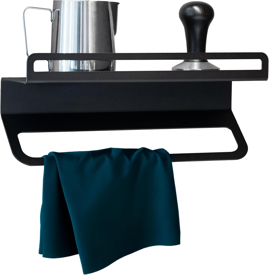 FLATE® Towel Rack: Barista Wandregal für Tücher, Milchkännchen und Kaffeezubehör (Schwarz), Schwarz