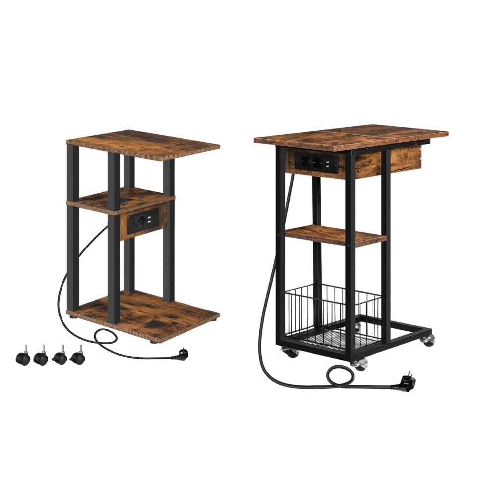 HOOBRO Beistelltisch mit Ladestation, Flip C-Form Sofatisch, Couchtisch mit Rädern und Ablagefläche,