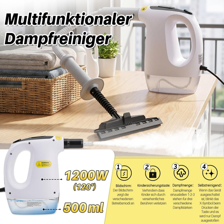 Dampfreiniger Handgerät 1200W, 500ml Handdampfreiniger mit 10 Zubehörteilen, 3 Dampfstufen, 20s Aufh