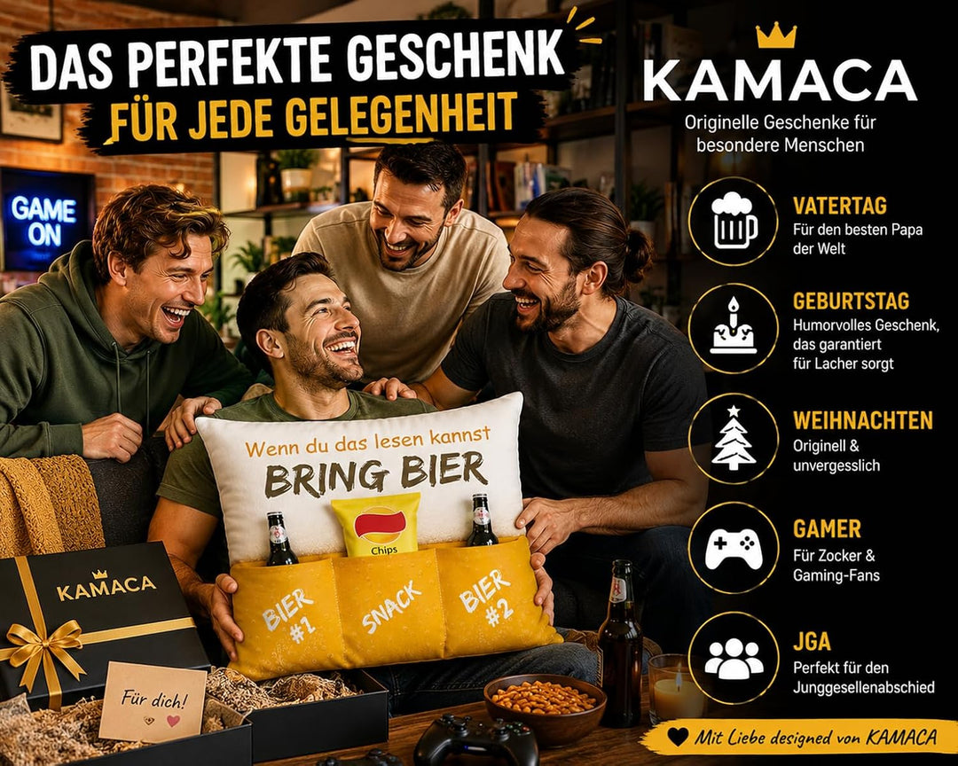 KAMACA Bierkissen mit 3 Taschen 43x43 cm – Flauschig gefülltes Kissen mit Spruch „Bring Bier“ – Lust
