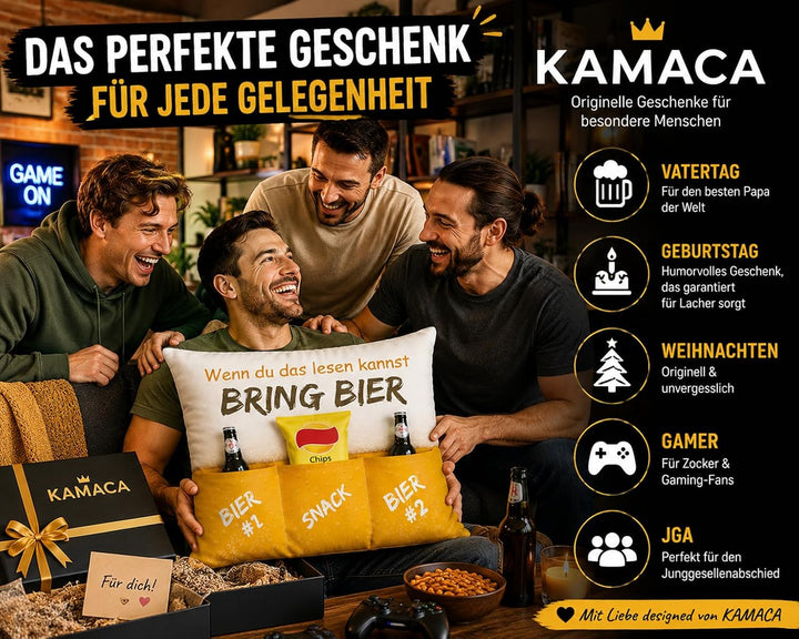 KAMACA Bierkissen mit 3 Taschen 43x43 cm – Flauschig gefülltes Kissen mit Spruch „Bring Bier“ – Lust