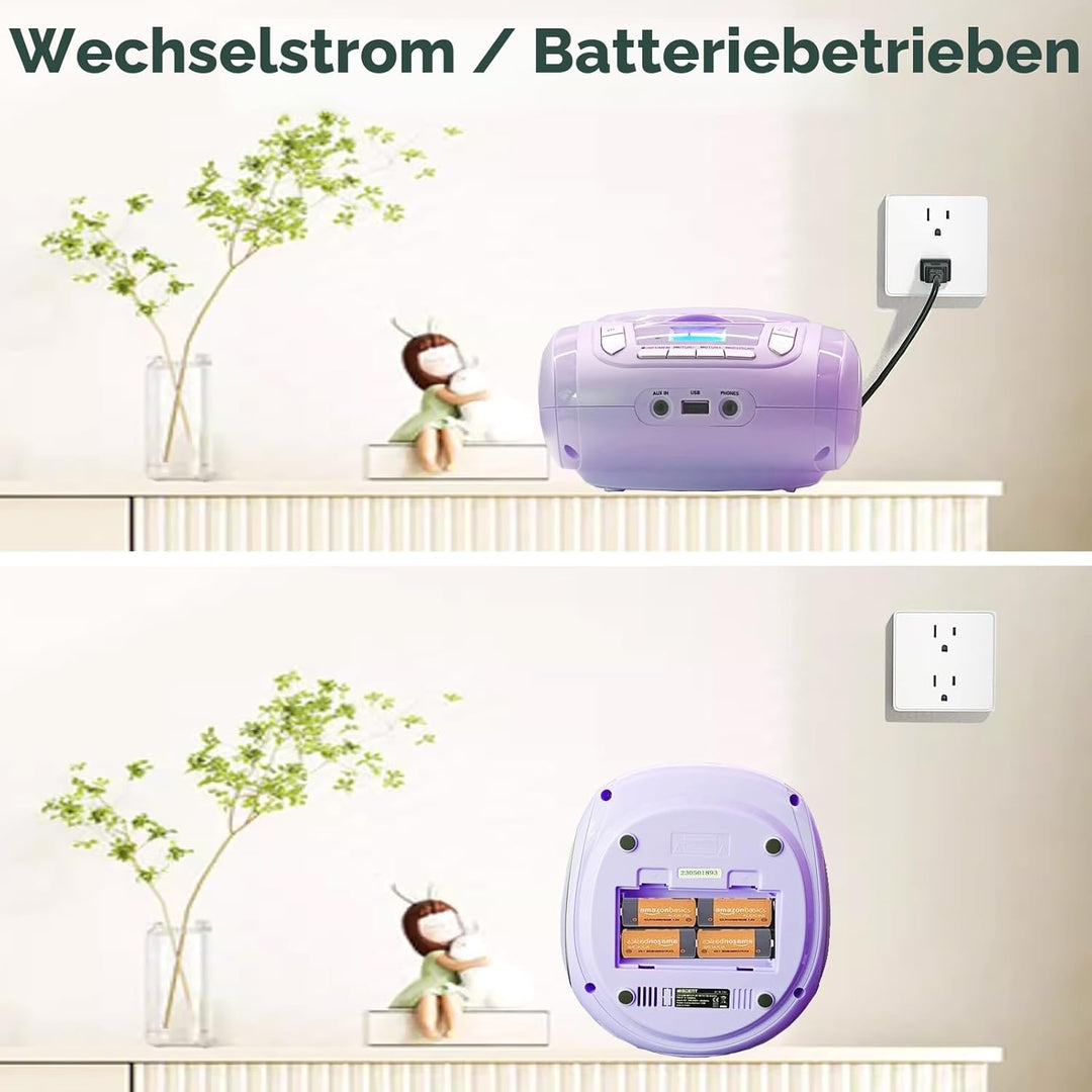 Tragbarer CD-Player für Kinder - Radio-CD-Boombox mit Bluetooth, FM-Radio, USB-Eingang & AUX-Anschlu