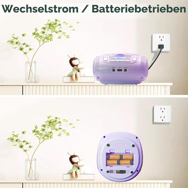 Tragbarer CD-Player für Kinder - Radio-CD-Boombox mit Bluetooth, FM-Radio, USB-Eingang & AUX-Anschlu
