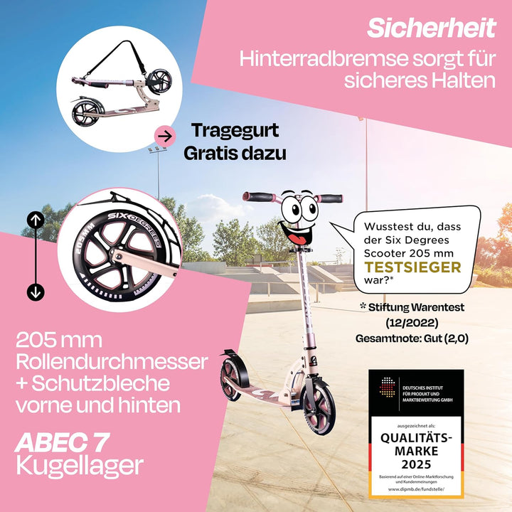 Six Degrees Aluminium Scooter mit Klappmechanismus, Ständer, 205 mm TESTSIEGER, ABEC 7, höhenverstel