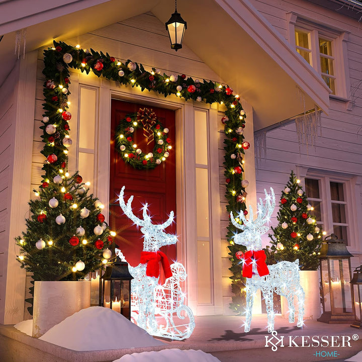 KESSER® 240er LED Rentiere mit Schlitten weiss Timer Inkl. 2X Dekoschal Weihnachtsbeleuchtung für au