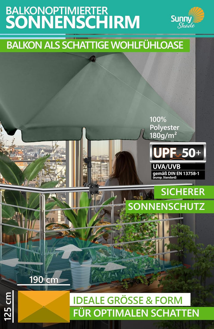 4smile Sonnenschirm Balkon SunnyShade, 200 x 125 cm, Grün - UPF 50+ Sonnenschirm rechteckig als Sonn