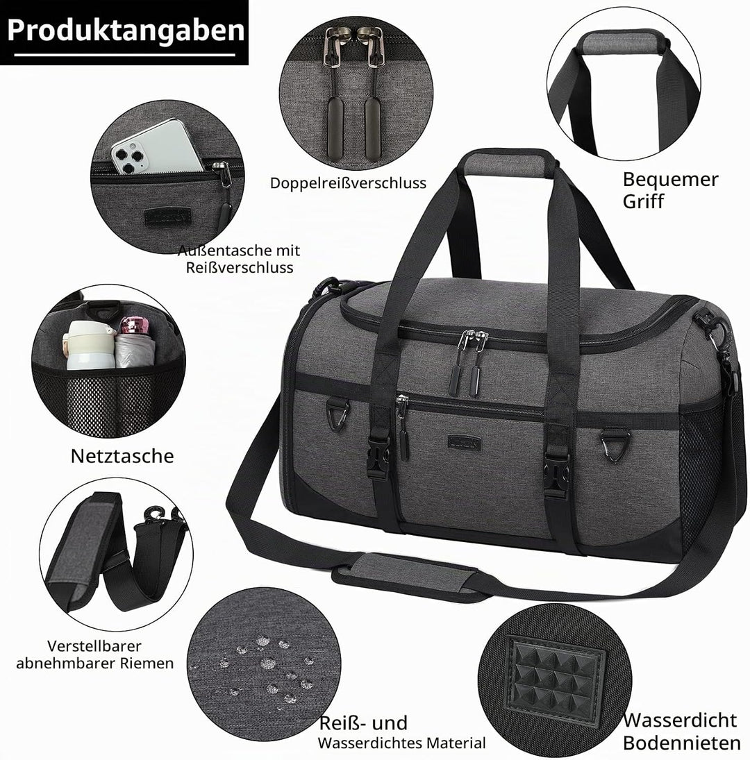 Lubardy Sporttasche Reisetasche Gross 40L Wasserdicht mit Sporthandtuch Schuhfach Nassfach Weekender