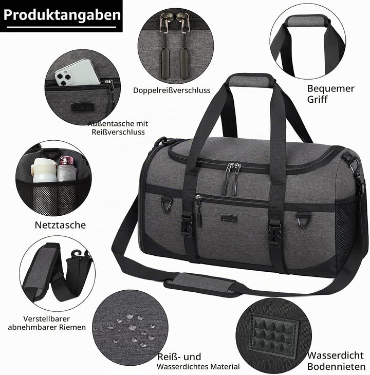 Lubardy Sporttasche Reisetasche Gross 40L Wasserdicht mit Sporthandtuch Schuhfach Nassfach Weekender