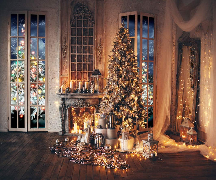 AIIKES 10x8FT Weihnachtsbaum Hintergrund Winter Indoor Fenster Öllampe Kerze Kamin Fotografie Hinter