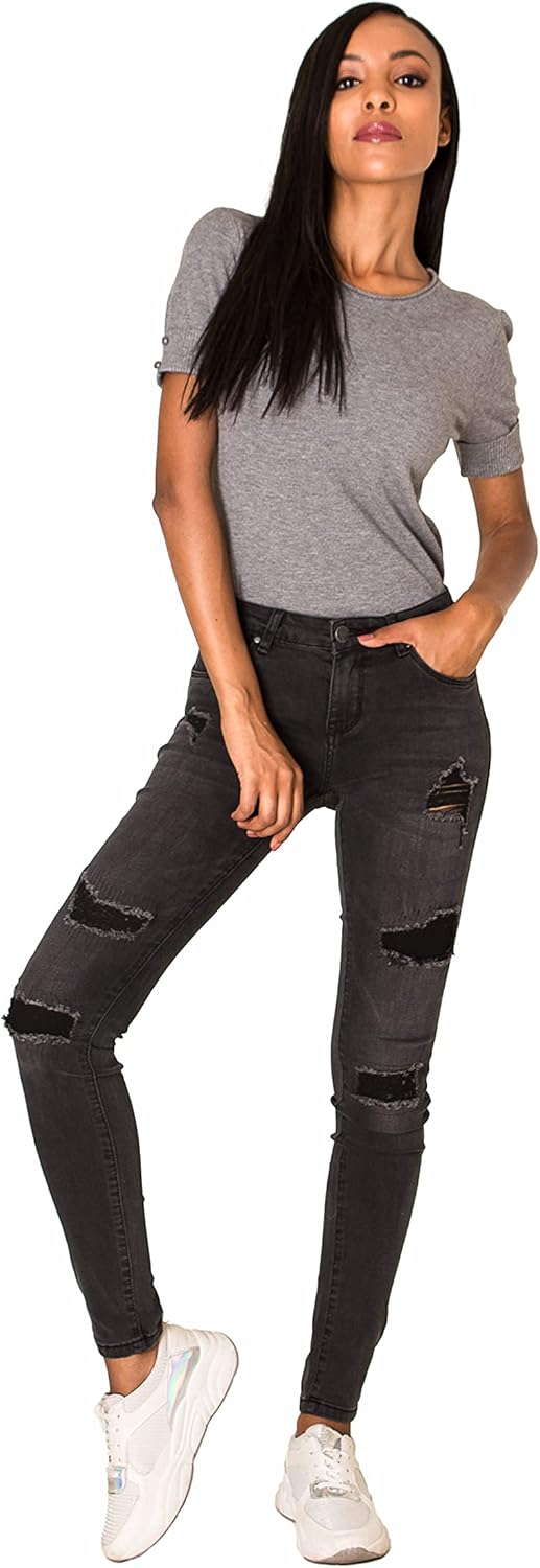 Nina Carter P100 Damen Skinny Fit Low Waist Jeanshosen mit Destroyed-Effekten Used-Look Jeans Waschu