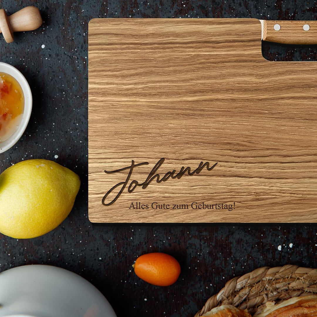 LOOXIS Personalisiertes Premium Frühstücksbrettchen mit Buckelsmesser, Wunsch-Name oder Text gravier