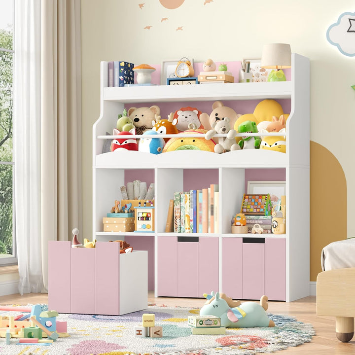 HOCSOK 110cm Kinderregal mit Boxen auf Rollen, Kinderbücherregal mit 4 Ablagefächern, Spielzeugregal