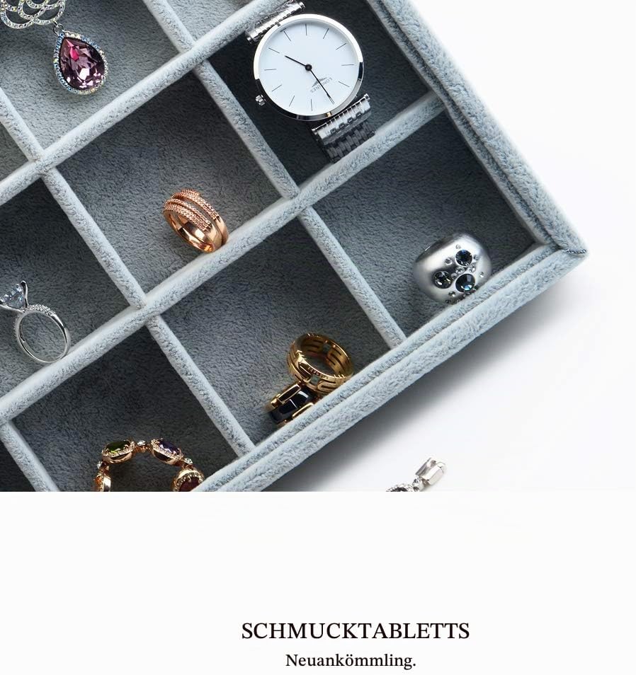 Oirlv Grau Samt 24 Gitter Schmucktablett,Schmuckaufbewahrung Schublade Schmuck Organizer Tablett Rin