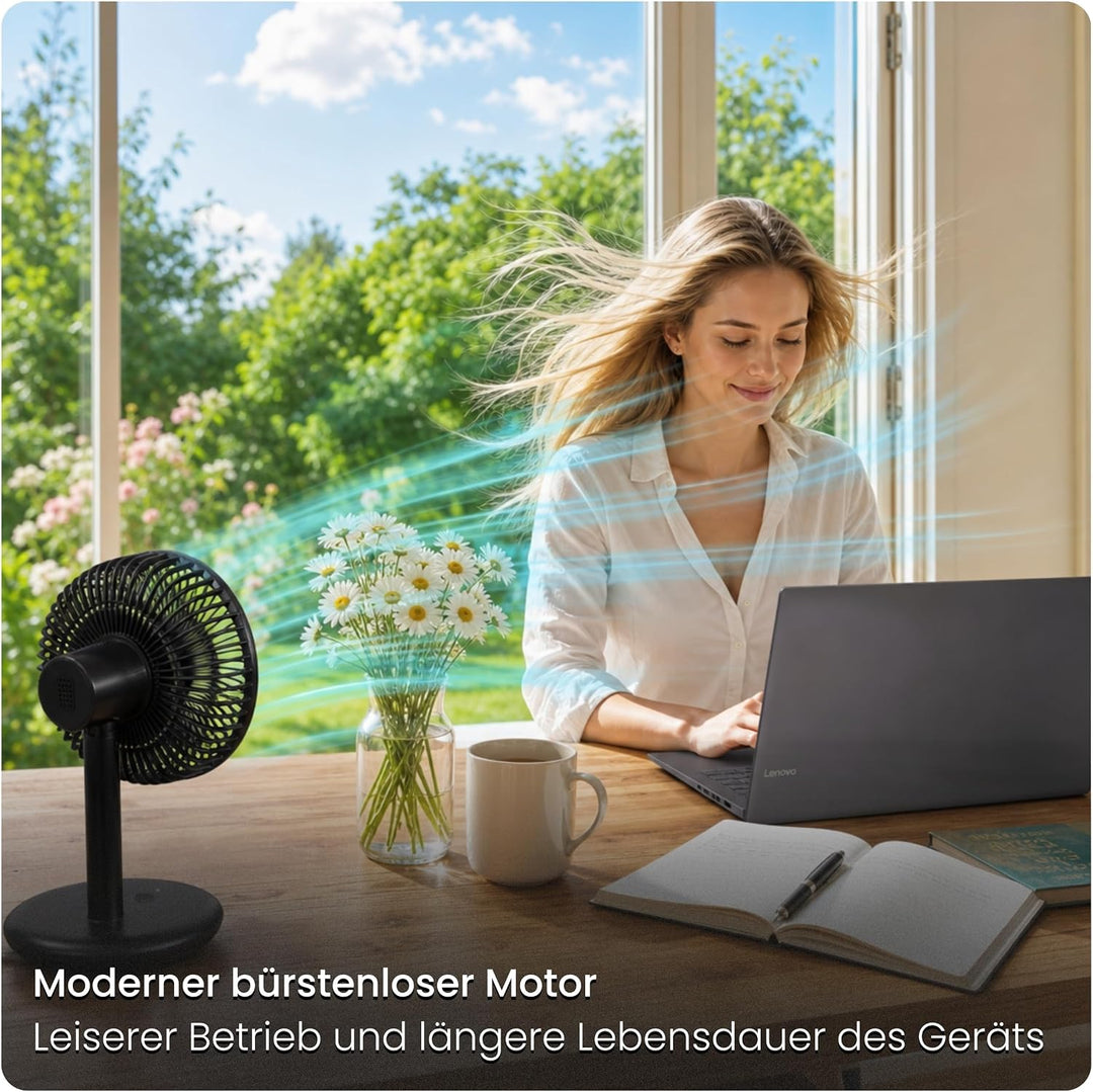 Tischventilator sehr leise - Akku USB Ventilator 4000mAh, Ø 16,5cm, bürstenloser 7-Flügel Mini Lüfte
