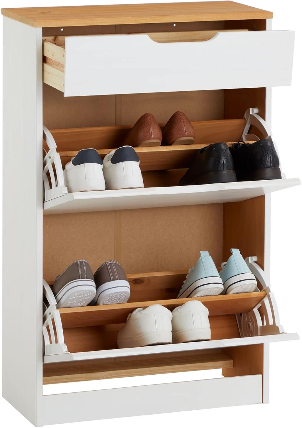 IDIMEX Schuhkipper Basil, schöner Schuhschrank aus Kiefer weiss/braun, praktische Schuhkommode mit 1