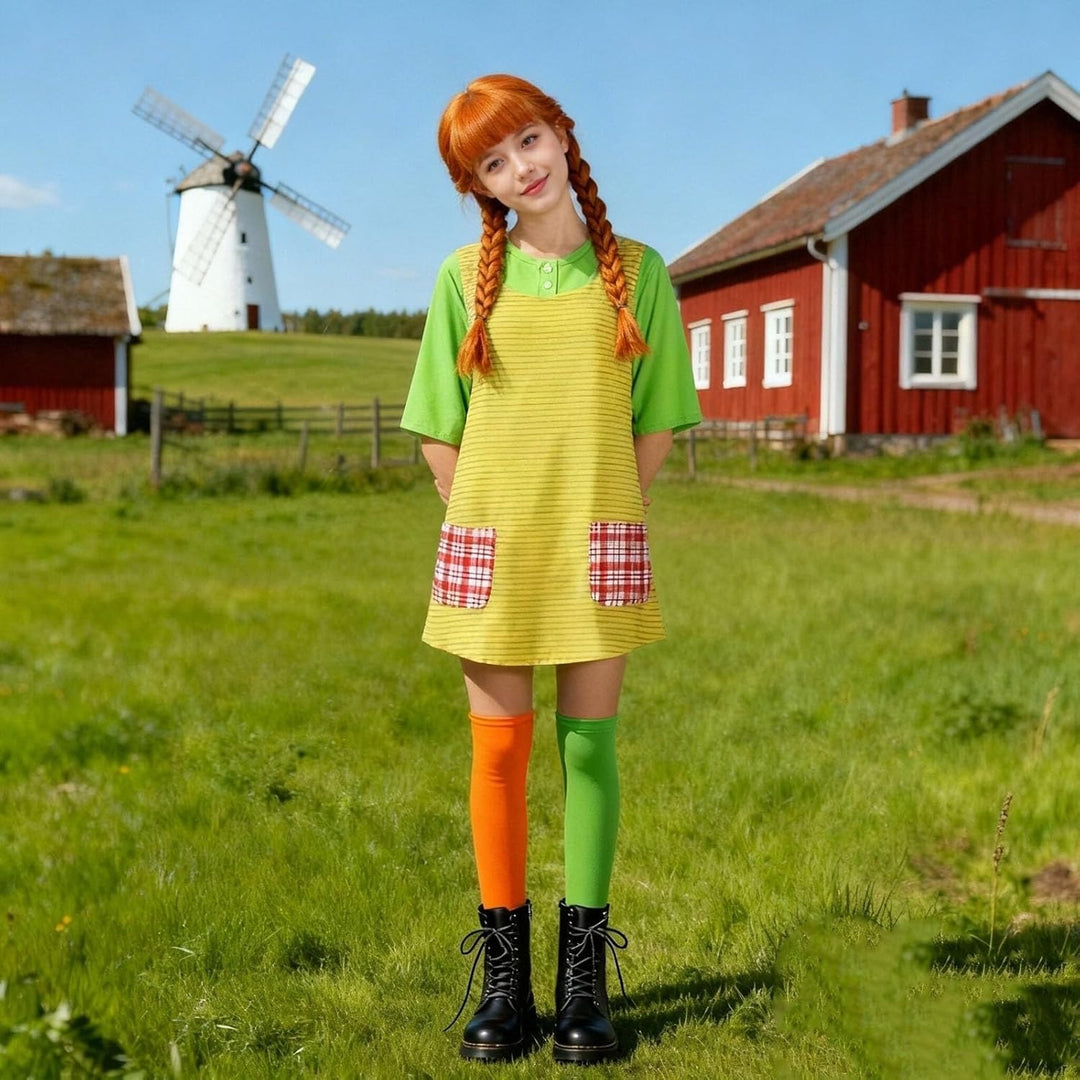 Fasching Kostüm Kinder Mädchen, Langstrumpf Cosplay Kostümset mit Langen Kindersocken S #Z-damen 01,