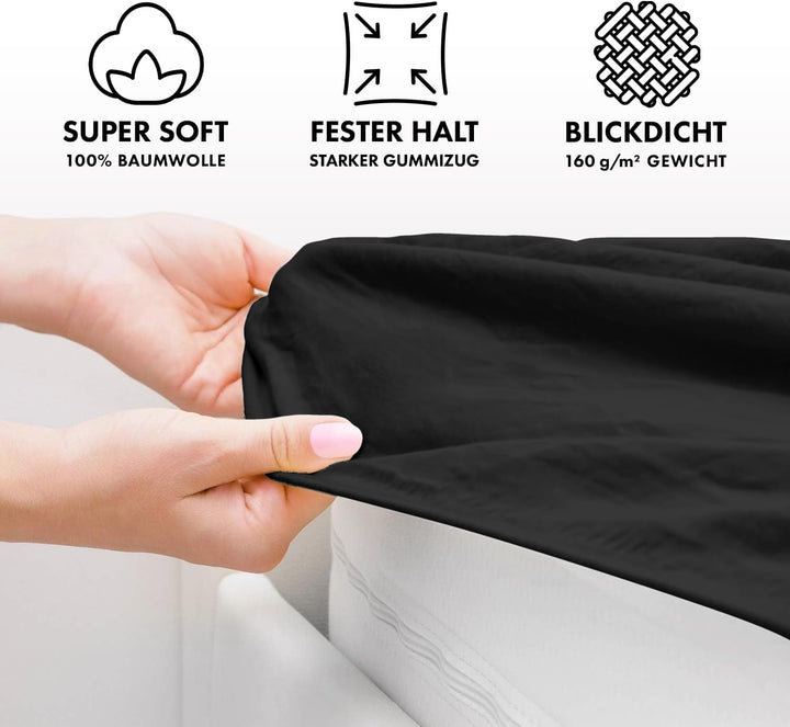 Jacobson Jersey Spannbettlaken Spannbetttuch Baumwolle Bettlaken (180x200-200x200 cm, Schwarz) 180x2