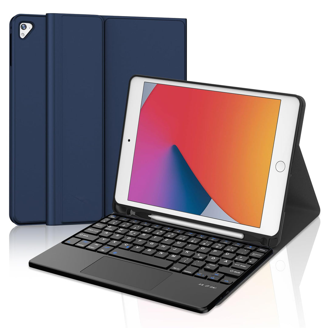 JADEMALL Für iPad 6. Generation Hülle mit DE Tastatur und Touchpad, Abnehmbare Bluetooth Tastatur Hü