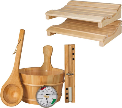 SUNNYDEALS klassisches Saunazubehörset | Saunaset 5-teilig aus naturbelassenem Holz | Saunaeimer & K