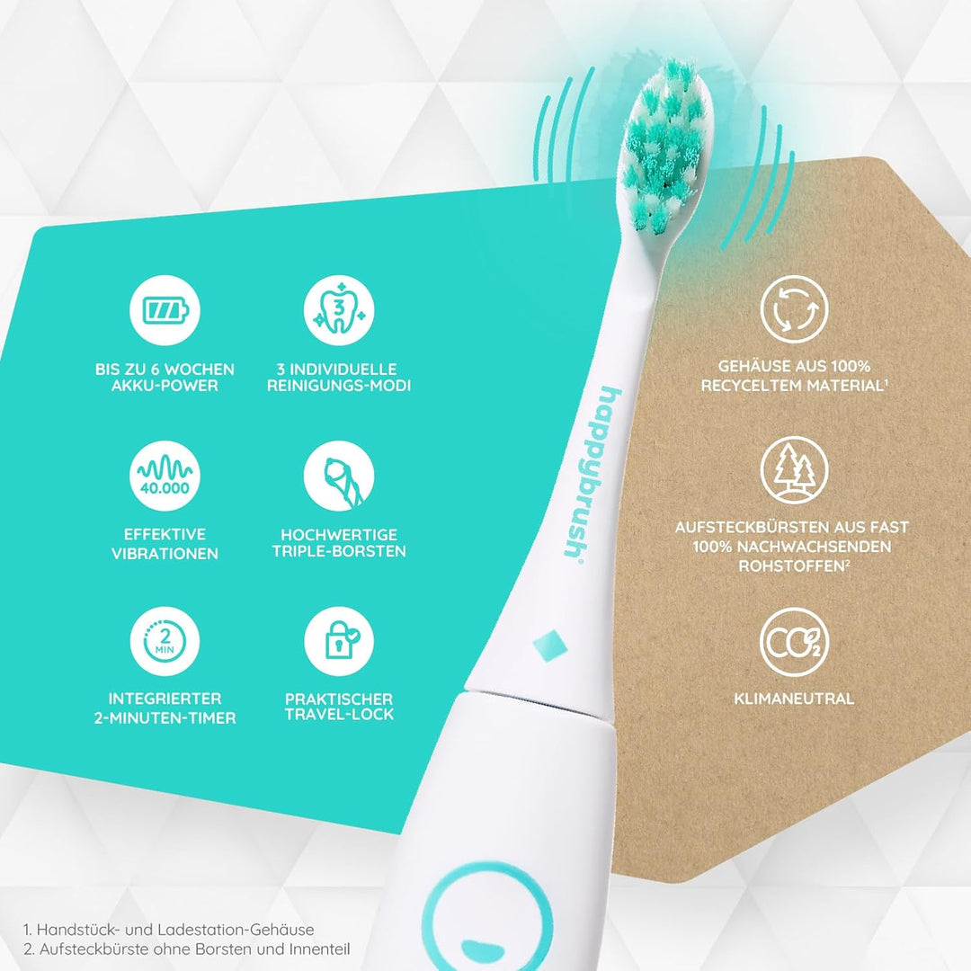happybrush® Elektrische Schall-Zahnbürste Eco VIBE 3 im Doppelpack - Nachhaltige Zahnbürste mit 6 Wo