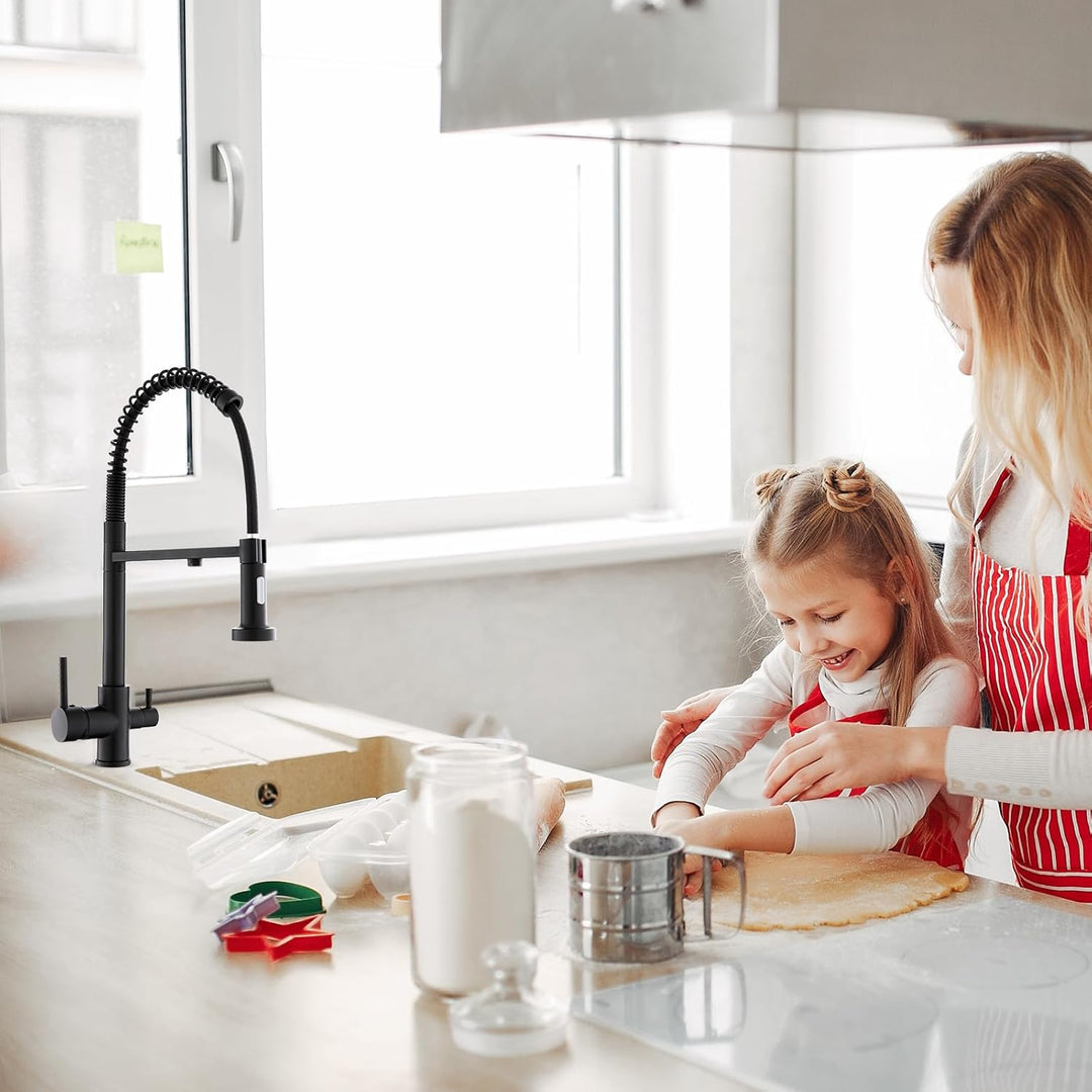 KEOKBON 3 Wege Wasserhahn Küche Schwarz mit 2 Funktion Brause, 360° Drehbar Küchenarmatur aus Messin