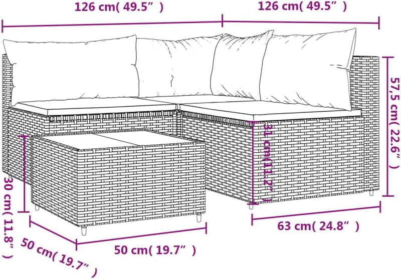 vidaXL 4-TLG. Garten-Lounge-Set mit Kissen Braun Poly Rattan Eckteil+2xMittelteil+Tisch Braun, Eckte